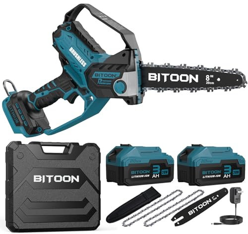 BITOON 8 Inch Mini Chainsaw with 2PCS 3.0Ah Battery and Charger, Auto-Oiler, Brushless Cordless 8-Inch and 6-Inch 2-in-1 Pruning Chain Saw, Portable Electric Chainsaw for Cutting Wood, Branches Blue