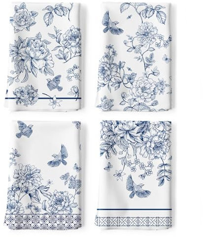 Arquiel 4er Set Geschirrtücher Chinoiserie Blumen Küchentücher Blau Vogel Dekorative 100% Baumwolle, 48 x 70 cm, Trockentücher Saugstarke Geschenk, Küche Dekoration