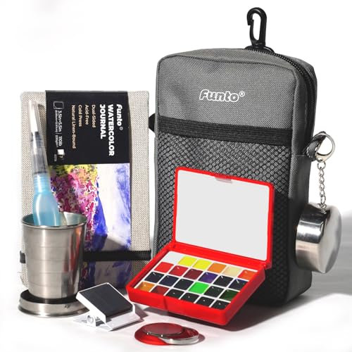 Funto Mini Wasserfarben-Set, das All-In-One 24-Farben Premium Pocket Reise-Maleinsatz, mit Crossbody-Tasche,Wasserfarben Tagebuch, Wasserpinsel, Malwasserbecher und magnetischem Griff