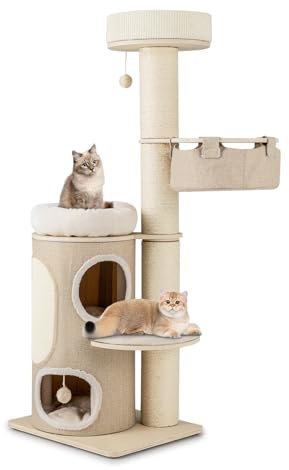 COSTWAY Kratzbaum, Katzenbaum mit 2-stöckiger Kratztonne, Hängematte, abnehmbarem Bett, Sisalbrett, Spielball, Katzenkratzbaum Katzen Katzenmöbel, Kletterbaum Aktivitätsbaum, Beige+Natur