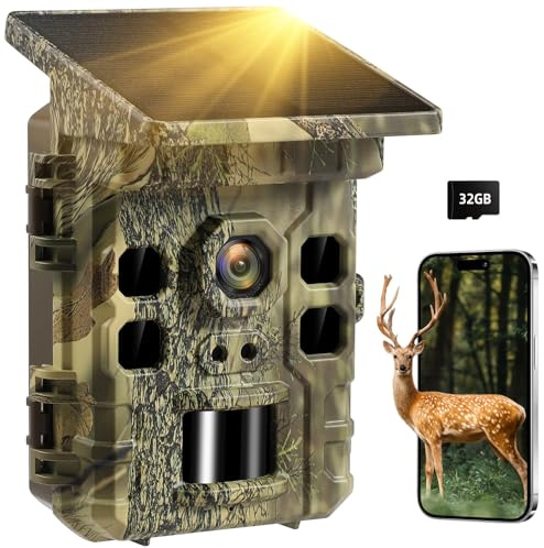 WISCOUTING Solar Trail Camera 2.7K 32MP- WiFi Bluetooth Game Camera 130°Wide-Angle, Trail Cameras with Night Vision Motion Activated 0.2s Trigger Waterproof IP66 Wildlife Camera