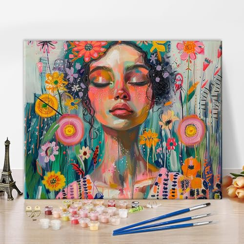 TISHIRON Kit de peinture par numéros pour adultes, femme avec fleurs pour adultes, belles femmes peinture par numéro 40,6 x 50,8 cm, peinture à l'huile sur toile, kits de peinture par numéro pour