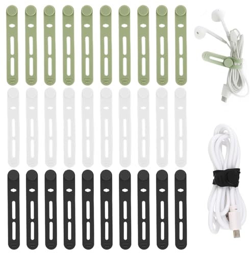 Kighdel 30PCS Reusable Cable Ties, Small Cable Ties, Black, White, Matcha Green, Silicone, Lock Style, 12mm x 80mm