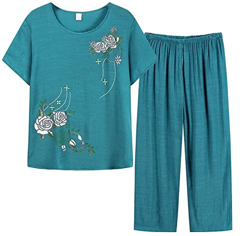 Tuta Cotone E Lino Leggero Donna Tute Eleganti Leggera Sportivo Tuta Estivo Manica Corta Shirt Pantalone Sportivi Completo Casual Confortevole Taglie Forti Set 2 Pezzi Oversize Lavoro Morbidi