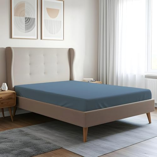 Pizuna Spannbettlaken 200x200 cm Staubiges Blau 400 Fadenzahl | 100% langes nur Baumwoll-Spannbetttuch, weiches Mako-Satin-Gewebe für bis zu 40 Matratzenhöhe