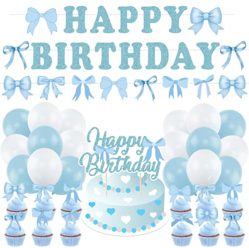 47pcs Blau Schleife Geburtstag Dekorationen,Happy Birthday Deko, Geburtstagsdeko Blau, mit Schleife Cupcake Topper, Geeignet für die Atmosphäre Dekoration und Geburtstagsdekoration für Mädchen