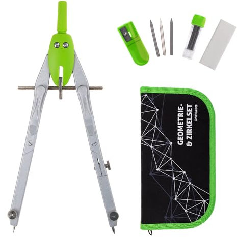 DynaTech Zirkel Geometrie-Set Grün 13-teilig inkl. Schnellverstellzirkel mit Federmäppchen, 2 Ersatzminen, Etui und Zubehör für Schule Uni und Büro