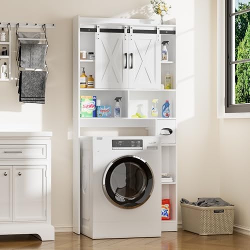 FiveWillowise Armario para lavadora con puerta corredera, estantes ajustables, estantería para lavadora con 4 compartimentos abiertos y armario lateral, para baño y lavadero, 172 x 82 x 20 cm, color