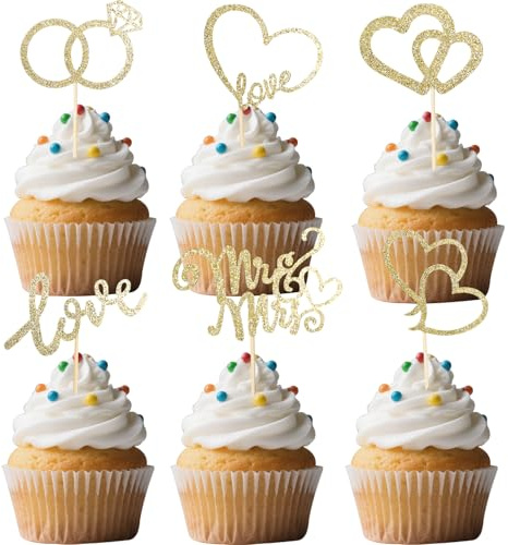 Gleevio 24 Stück Cupcake Topper Mr & Mrs Deko Hochzeitstorte, Glitzer Tortendeko Hochzeit Gold, Mr Mrs Muffin Deko, Herz Cupcake Topper Hochzeit Kuchendeko Mr & Mrs für Verlobung Hochzeitsfeier
