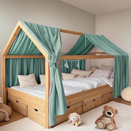 FloraVigo Hausbetthimmel 2 Stück, handgefertigt aus 100% Baumwoll-Musselin, Stoffhimmel zur Hausbettdekoration, für Mädchen und Jungen (2er Set 65 x 270 cm Eukalyptus)