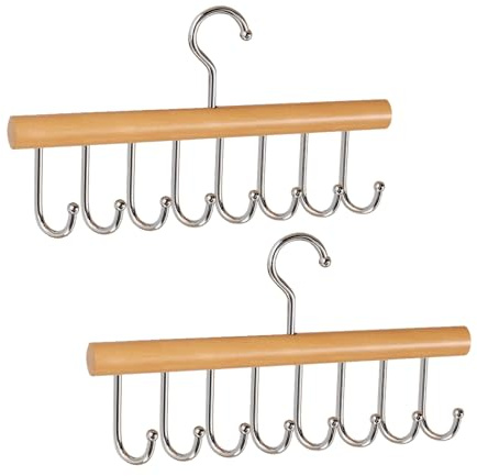 2 delar bältes-hängare i massivt trä med 8 krokar, 28 cm kompakt bältesarrangör och förvaringsställ för garderob, behå, slips, halsduk, linnehållare