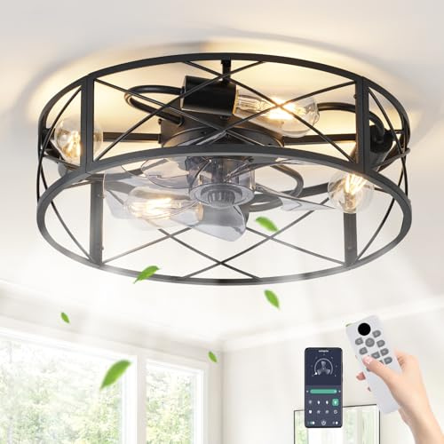 LOKUNM Deckenlampe mit Ventilator Industrieller Moderner 46cm Eisen Deckenventilator mit Fernbedienung APP 6 Wind Umkehrbar E27*4 Timer 1/4/8H Leiser für Wohnzimmer Bauernhäuser (Keine Glühbirne)