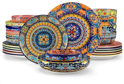 Servizio di Piatti per 6 Persone in Ceramica, vancasso KRVI 24 Pezzi Set di Porcellana Moderna, Servizio da Tavola Stile Bohémien, Set Piatti e Ciotole, Servizio Combinato Colorato