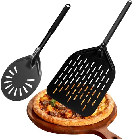 Yinnhom Juego de palas perforadas para pizza de 30 cm y espátula de 15 cm, de aluminio resistente al calor con mango de silicona, antiadherente, aptas para hornos, hornos de pizza y hornos de pan