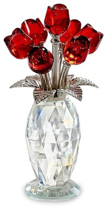 Havnix Red Crystal Rose Bouquet Figurine, Rose Glass Flower Ornament Gift for Wife, Girlfriend, Home Office Tabletop Decor