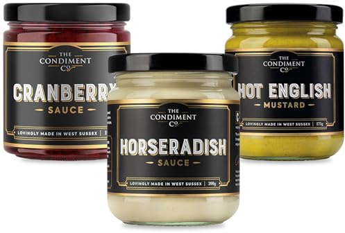 The Condiment Company Sunday Roast Bundle - Hot English Mustard, Extra Hot Horseradish Sauce & Cranberry Sauce, British-Made Condiments for Roast Beef, Turkey & Traditional Sunday Dinners