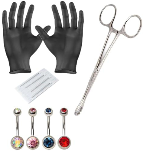 liongothic PK013 Piercing-Set 10-teilig mit Handschuhe Zange Nadeln und 4 Piercing Bauchnabelpiercing
