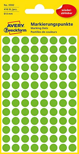 AVERY Zweckform 3592 selbstklebende Markierungspunkte 416 Stück (Ø 8mm, ablösbare Klebepunkte auf 4 Bogen, Farbcodierung, runde Aufkleber für Kalender, Planer und zum Basteln, Papier) grün