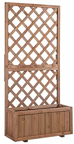 Outsunny 72.5 x 31.5 x 149.5 cm 45L Garden Wooden Pine Trough Planter with Topped Trellis Climbing Plants Flower Raised Bed, Orange
