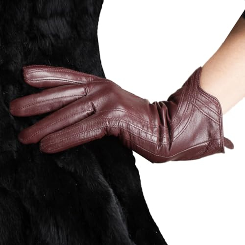 Nappaglo Damen Lederhandschuhe Winter Touchscreen Lammfell Elegant Echtleder Warm Handschuhe Outdoor, Non-Touchscreen, Wine Rot, M (Umfang der Handfläche:19.0-20.3cm)