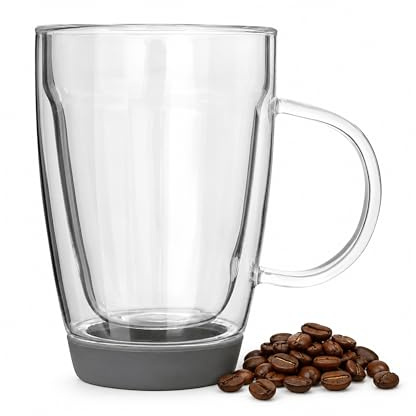 Premier Housewares Premium Double Wall Glass Mug 350ml | Insulated Glass Coffee Mug for Livingroom | Non Slip Silicone Base Double Walled Mug for Bedroom | Borosilicate Glass Mug