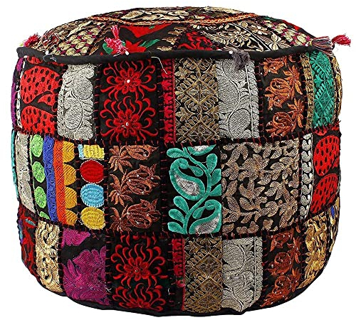 Aakriti Indian Pouf Fußhocker mit Stickerei Pouf, indische Baumwolle, Pouffe osmanischen Pouf Cover mit ethnischem Dekor Kunst - Cover (Black, 46x33 cms)