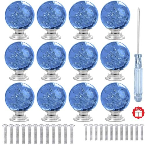 ANJUU 12 Pcs 30mm Round Shape Bubble Crystal Glass Cabinet Knobs with Screws Drawer Knob Pull Handle Used for Kitchen, Dresser, Door, Cupboard (Light Blue)