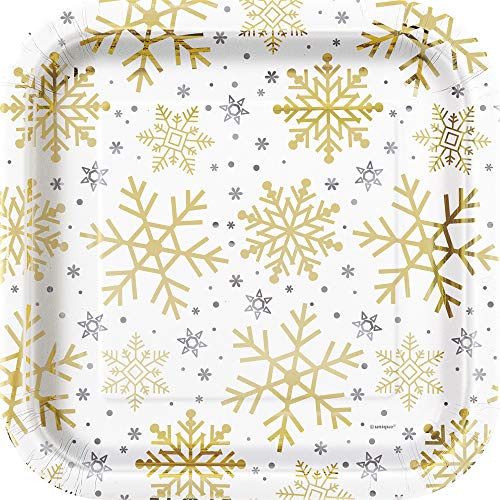 Unique Party 77125 Weihnachts-Pappteller, quadratisch, 23 cm, Silber und Gold, Schneeflocken, 8 Stück