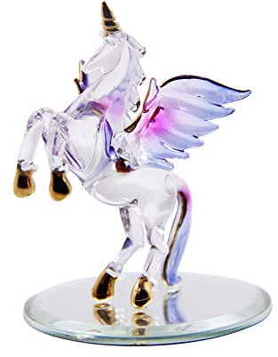 Dream Unicorn Lampworking Exquisito unicornio pequeño con alas borde dorado arte cristal soplado caballo volador estatua adorno artesanía regalo
