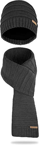 normani Winter Strick Mütze und Schal im Set für Damen und Herren - 2-teilig mit Fleecefutter Farbe Anthrazit