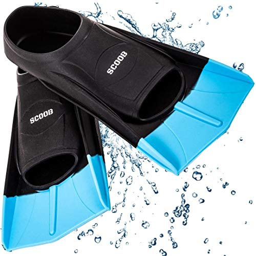 SCOOB Swimming Fins Travel Size, Short Blade for Snorkeling & Diving, Pool Activities, Men, Women, Kids, New Two-Tone Trendy Design, Travel Mesh Bag (Black-Blue, 36-38 M)