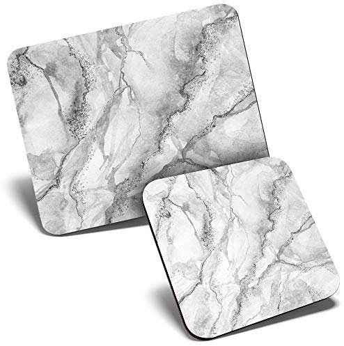 Mouse Mat & Coaster Set - BW - Grey White Marble Effect Pattern 23.5 x 19.6 cm & 9 x 9 cm for Computer & Laptop, Office, Gift, Non-slip Base #43767