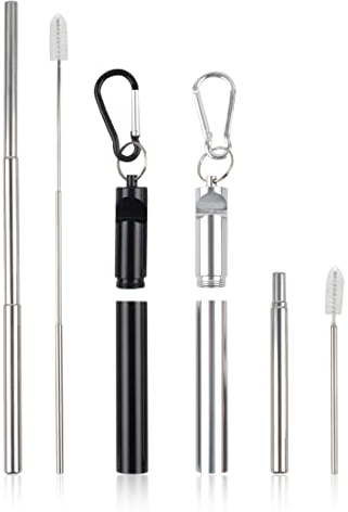 Quesuc Lot de 2 pailles en acier inoxydable réutilisables - Portable - Avec fonction tire-bouchon - En acier inoxydable - Avec brosse pour voyage, travail, idée cadeau (blanc et noir)