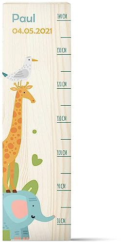 GRAVURZEILE Messlatte für Kinder aus Holz - Tiere Design - mit Namen für Kinderzimmer - Skala misst 80-140 cm - Größe 20 x 70 x 2 cm - Geschenk zur Geburt für Mädchen & Jungen