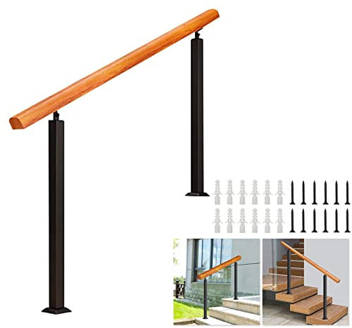 Pasamanos de madera de barandilla de escalera aire libre, riel manual de seguridad de transición de plancha de hierro forjado para el jardín del corredor, riel de paso exterior con kit de instalación