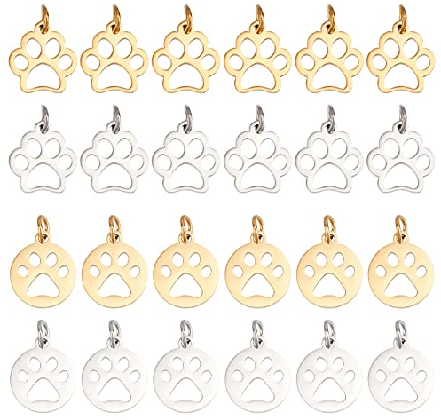 UNICRAFTALE 24 Stück 2 Farben Hundepfoten Anhänger 2 Stile Hundepfoten Charm Hypoallergen Edelstahl Hundepfoten Anhänger Mit Jump Rings 13–14 mm Halsketten Armband Anhänger Schmuckherstellung
