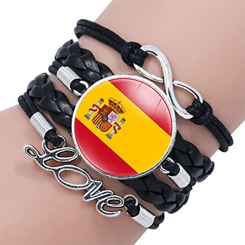 ldygefow Gewebtes Armband,Kreative Nationale Persönlichkeit Spanische Flagge Kunst,Liebe Text Zeit Edelstein Armband Glas Snap Bead Armband Unisex Geflochten Leder Armband,Schwarz,25Mm