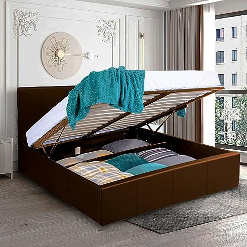 SANA SLEEP 5FT Plush Ottoman Gas Lift Fabric Storage Bed - Upholstered Double Bed Frame - Foot Lift Up Ottoman Bed - Brown Faux Leather