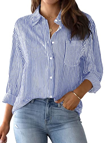 NONSAR Bluse Damen Elegant Langarm Streifenbluse Hemden mit Knöpfen Casual Büro Arbeit Blusen Baumwolle Tunika Hemd Oberteile Tops(9359L,Blau)