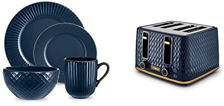 Tower T867002MNB Empire 16 Piece Dinnerware Set, Stoneware, Midnight Blue and Brass & T20061MNB Empire 4-Slice Toaster with Defrost/Stop, Removable Crumb Tray, 1600W, Midnight Blue with Brass Accents