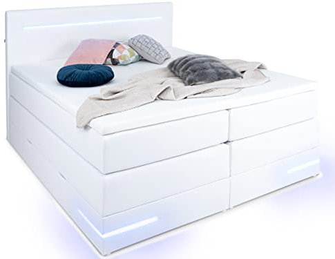 wonello Boxspringbett 180x200 mit Bettkasten und LED-Beleuchtung - gemütliches Bett mit LED Beleuchtung - Stauraumbett 180 x 200 cm mit Matratze und Topper - weiß Kunstleder