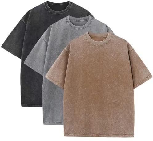 duwqcui 3 Pcs Men's Oversized Heavy Cotton Summer T-Shirts Vintage Tee Loose Fit Short Sleeve Casual Tshirts for Men Women, Black + Gray + Coffee, S