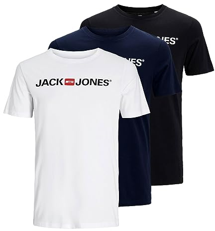 JACK & JONES Herren Shirts T-Shirt Corp Logo Tee SS Crew Neck 3er Pack, Farbe:Mehrfarbig, Größe:L, Artikel:-White/Black/Navy