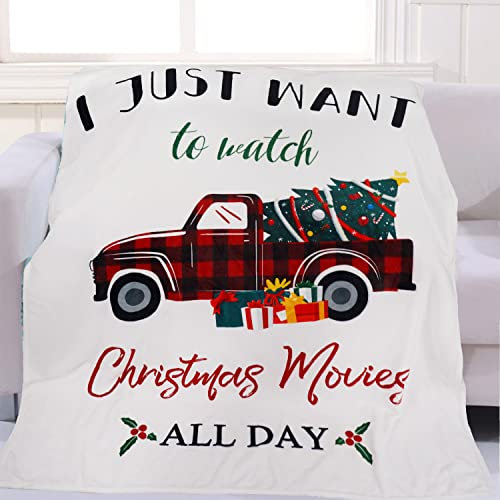 FJAUOQ I Just to Watch Christmas Movie All Day Red Retro Plaid Trucker with Xmas Tree Lightweight Cozy Bed Blankets for Couch Sofa Suitable for All Season 50X60 inch…