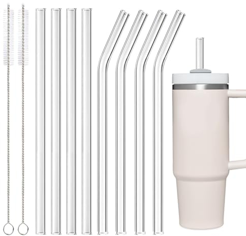 Pajitas de cristal de 31 cm de largo para vaso de viaje Stanley Adventure Quencher de 40 oz, paquete de 8 pajitas de repuesto y 2 cepillos de limpieza (8 unidades transparentes (4 rectas + 4