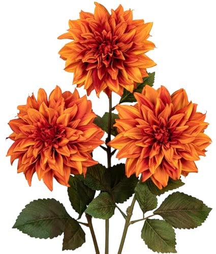 7.5'' Large Artificial Dahlia Flowers with Long Stems, 3pcs Orange Fake Flowers Faux Dahlias, Decorative Floral Arrangements for Home Decor, Living Room, Kitchen, Wedding, Party Decorations