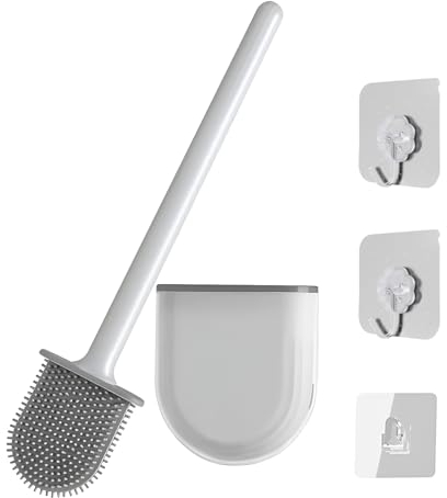 Brosse de Toilette, Brosse Toilette Silicone, Antibactérienne Suspendu Balayette WC Ventilée, avec 3Crochets, Très approprié pour Les Coins et Les Petits espaces Entre Les Toilettes et Le Mur (Blanc)