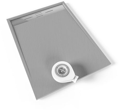 Moments of Glass SMC Duschwanne HIEMAL 90x120 cm Grau RAL7030, extra flache robuste Duschtasse aus langlebigem SMC mit ANTI-Rutsch-Oberfläche in Schieferoptik inkl. Ablaufgarnitur mit Edelstahl Deckel
