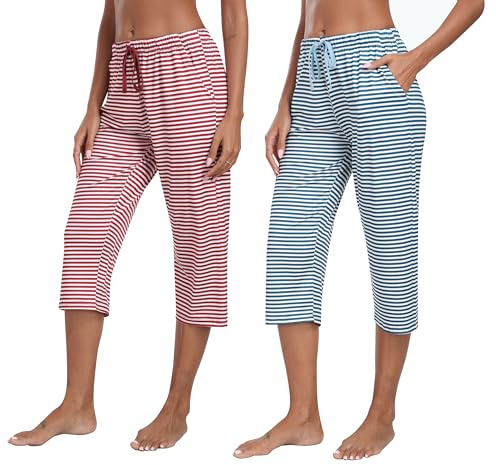 JINSHI Womens Cropped Pyjamas Bottoms Lounge Capri Pants Soft Modal Pyjama Trousers Sleepwear with Pockets 2-Pack Stripe B Size M