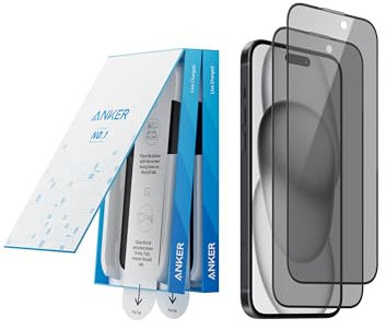 Anker 2 Pack for iPhone 15 Privacy Screen Protector, Anti-Spy HD Tempered-Glass Privacy Screen Protector, Easy Installation Exclusively for iPhone 15(2-Pack)